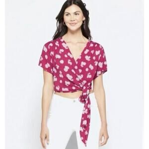 New Lush Floral Print Short Sleeve Cropped Wrap Blouse Ranya Berry Cream Size XL